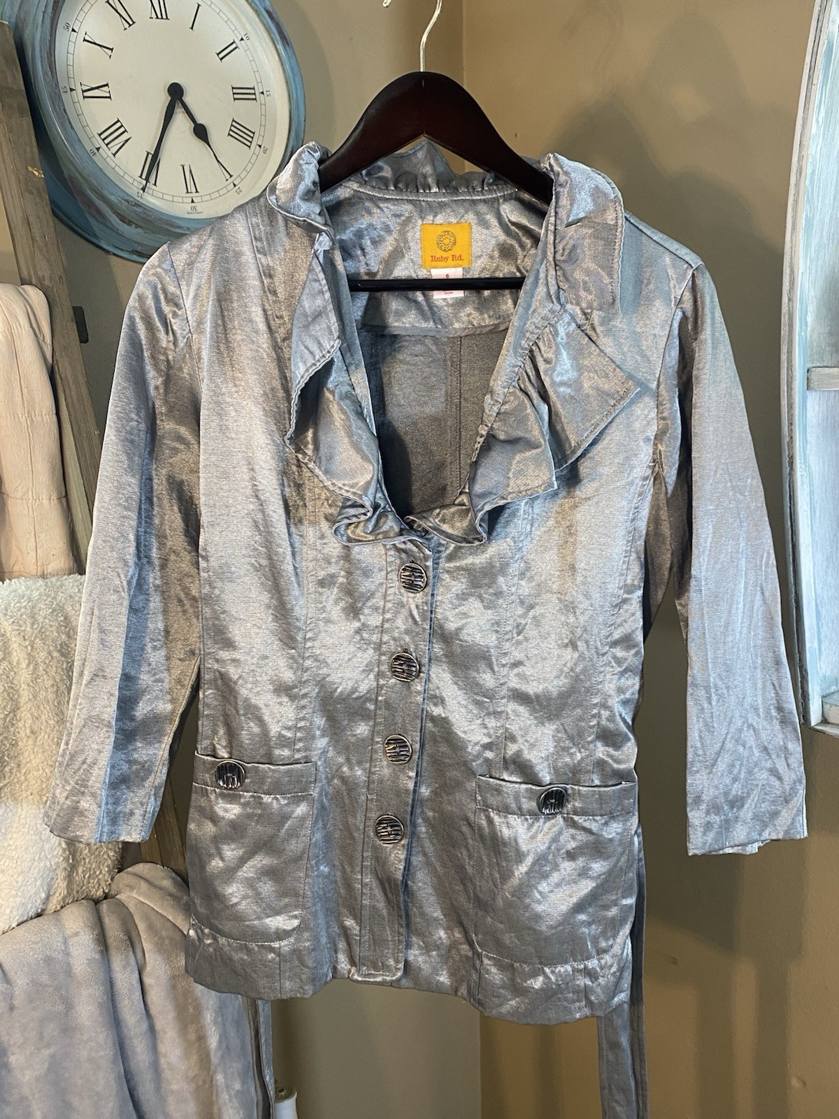 Ruby Rd Silver Ruffle Collar Button Front Jacket … - image 5