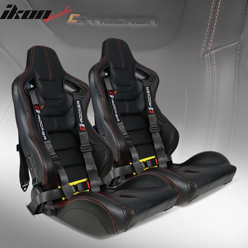 Universal 2PC Reclinable Racing Seat Dual Slider Belt Black PU Carbon Leather