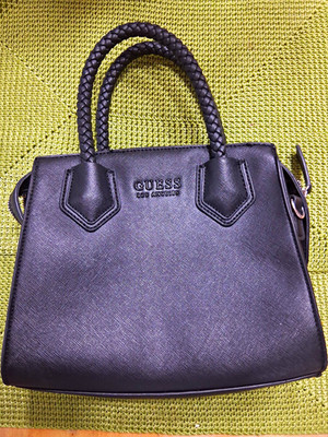 GUESS Black Satchel Top Handle Bag Braided Handles Detachable Strap Zip