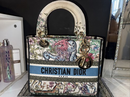 Christian Dior Lady D-Lite Handbag Blue/Off White Canvas