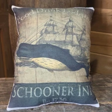 Nostalgic Nautical  decorative Ship and Whale pillow 9 x 11 "Schooner Inn"