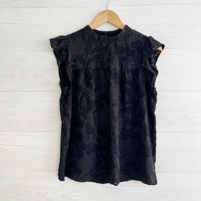 LOFT - Black textured floral flutter sleeve top, S