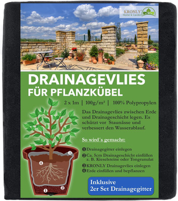 KRONLY Vlies Für Blumentöpfe 2M X 1M + Drainagegitter 2 Stück Verhindert Staunäs