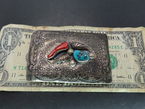 Navajo Richard Henry Yazzie Sterling Silver & Turquoise/Coral Belt Buckle, 35.1g - Picture 8 of 8