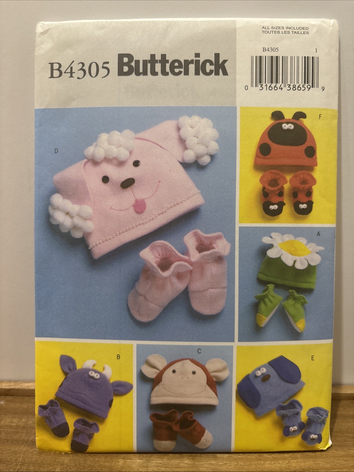 Butterick B4305 Infants Toddler Fleece Hats Slippers Sew Pattern XS-XL Unisex FF