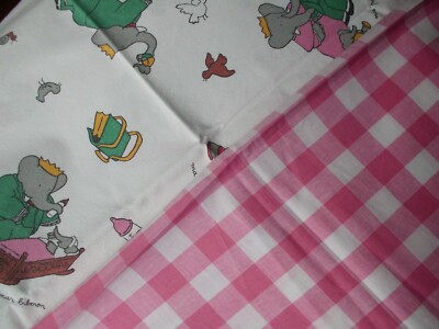 Lot De 2 Coupons Tissu Babar - 62x86 Cm + Carreaux Rose 40x48 Cm - Coton, Parfait État