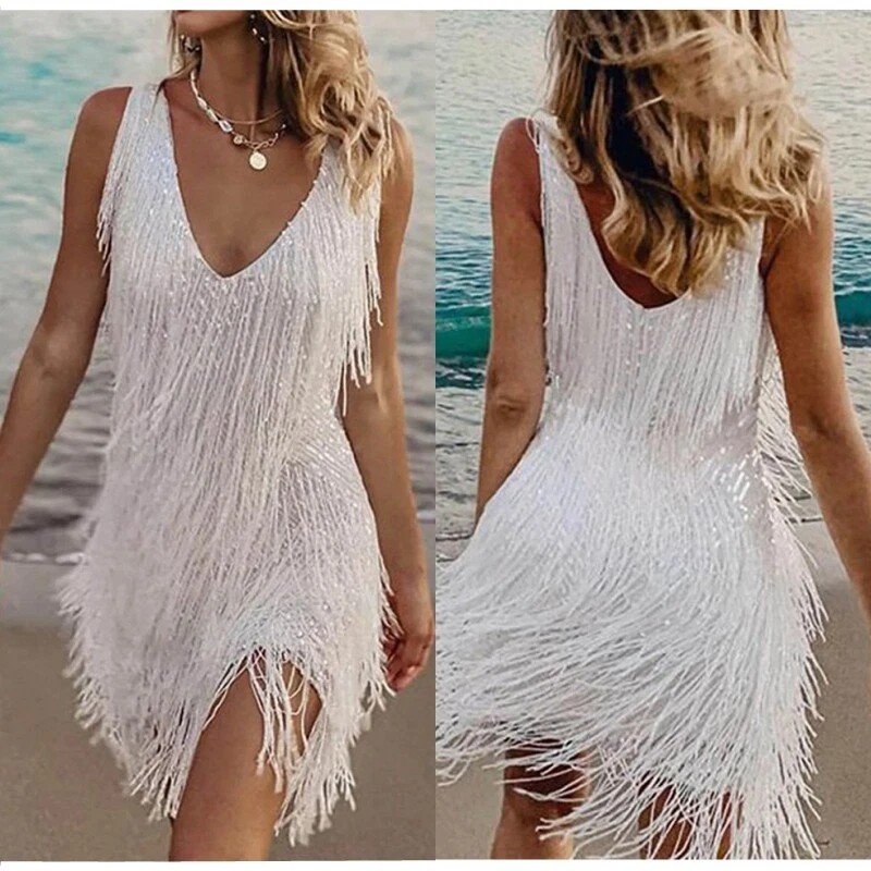 Glitter Sequins Sleeveless Tassel Dress Dance Prom Party Mini Dresses for Women