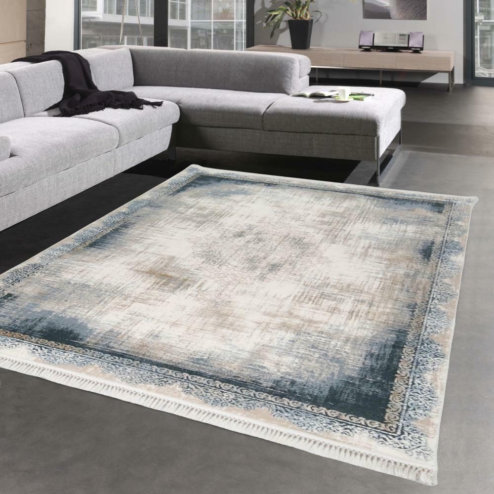 ALFOMBRA ORIENTAL de LANA con Flecos | diseño deslavado | crema azul