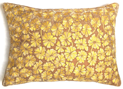 Anke Woodturning Cushion WATER FLOWER Platinum Citrine Silk Velvet Embrodery Cushion