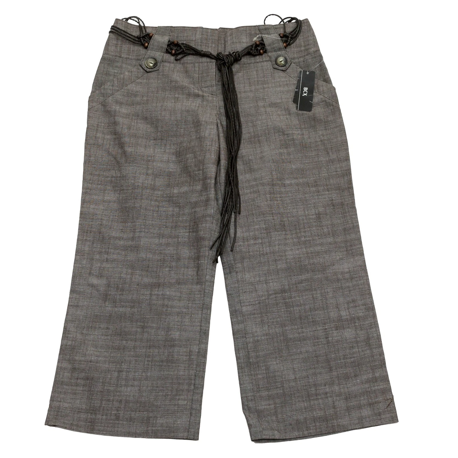 BCX Womens Size 7 Crop Capri Pants Textured Brown Weave with Belt