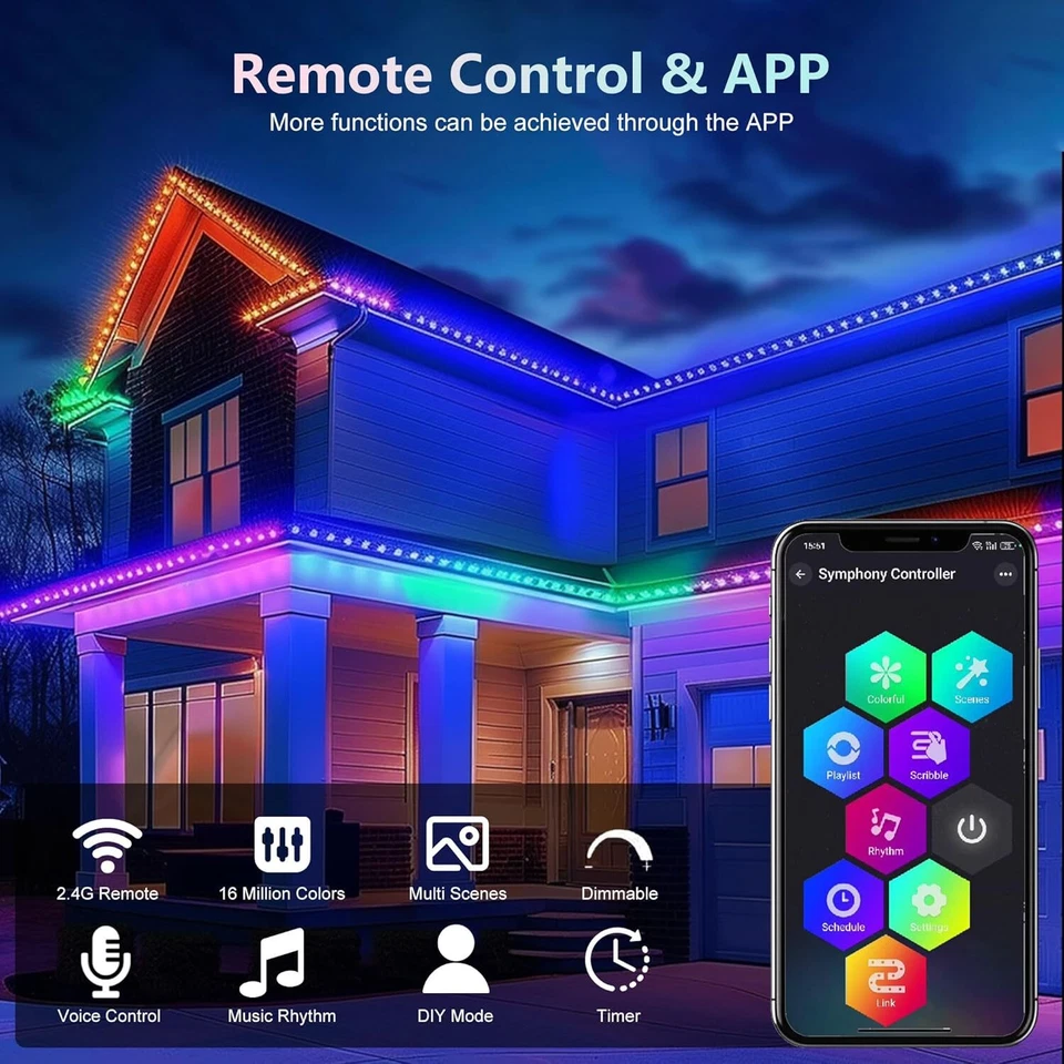 Luces exteriores permanentes 200 pies, luces exteriores inteligentes RGB impermeables con 144 LED Foto 4 de 4