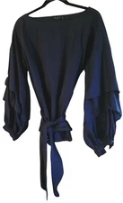 Max Jeans Navy Blue Wrap Top Puff Sleeve sz S * Boat Neck * 100% Cotton 