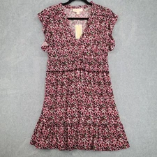 Michael Kors Midi Dress Large Floral Ruffle Fit N Flare Slinky Knit Smocked