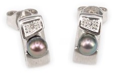 Orecchini Brillante 0,02 Carati W/ Argento Perla Colivata Oro Bianco 375 9kt