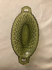 Vintage 1960s Indiana Glass Avocado Green Honeycomb Oval Pickle Dish Handles