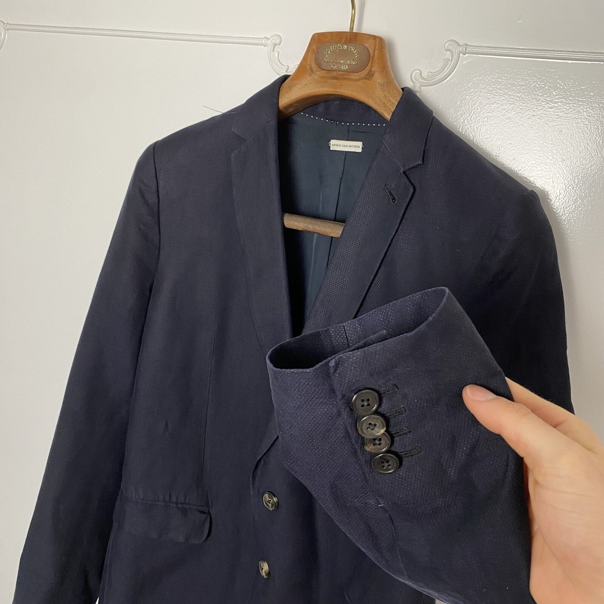 Dries Van Noten Men's Linen Summer Blazer Jacket Woven Navy Blue