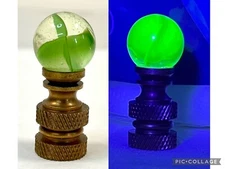 Brass Lamp Finial Swirl/Cat Eye Uranium Glass Marble/Ball Clear & Jadeite Green