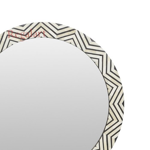 Handmade Bone Inlay Round Mirror Wooden Modern Pattern Furniture Home Décor - Picture 5 of 10