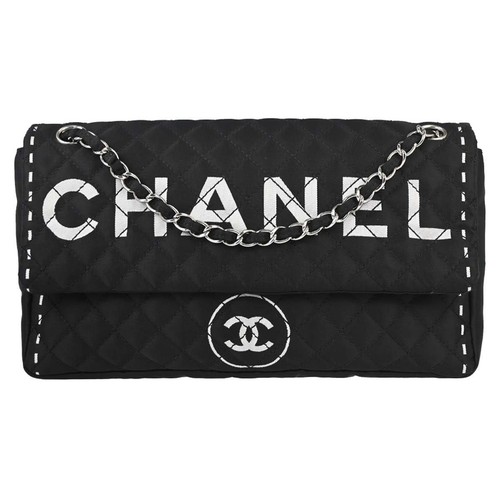 Chanel Black Satin Logomania Logo Printed Flap Bag 197569
