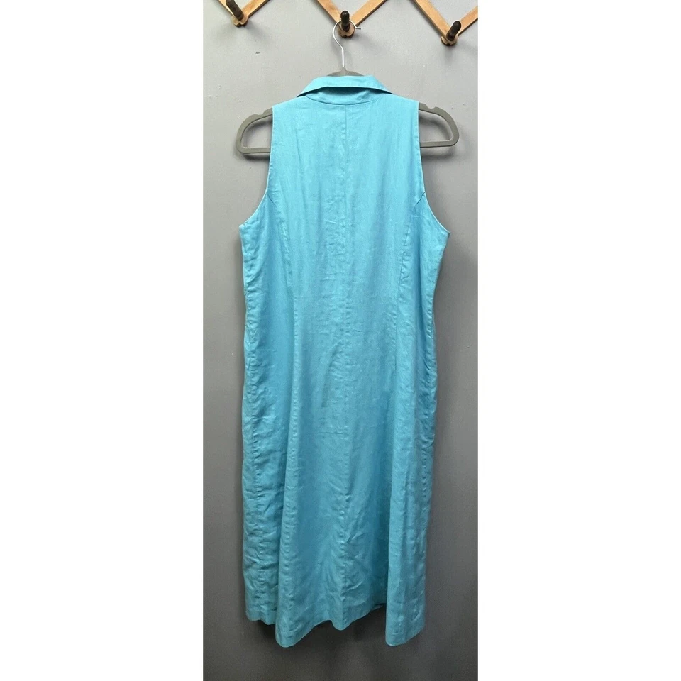 Merona 连衣裙女式 12 亚麻纽扣前迷笛内衬连衣裙无袖蓝色 — 第 2/4 张图片