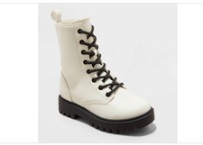 Art Class Khari Kids Girls Combat Boots Size 1 Ivory White Lace Up Side Zip NEW