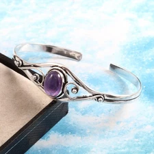 925 Sterling Silver Natural Purple Amethyst Gemstone Jewelry Cuff Bracelet