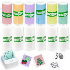 12 Rolls Self-Adhesive Mini Printer Sticker Paper - 6 White & 6 Vibrant Color...