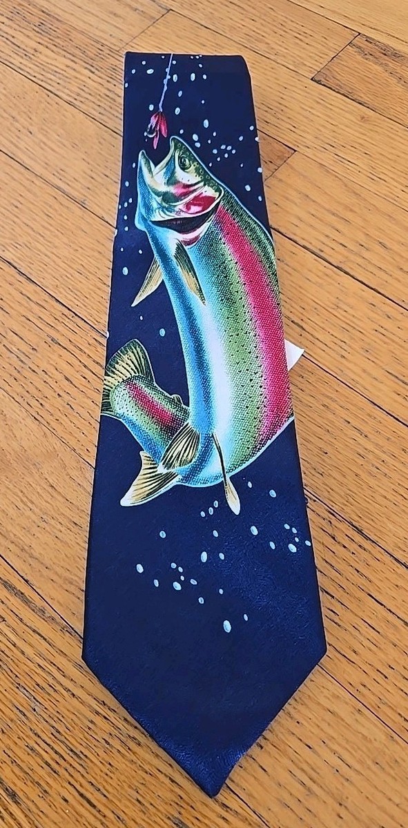 90's Vtg Ralph Marlin Mens Tie Rainbow Trout Action. Blue NWT
