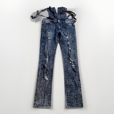 Overalls Skinny Denim Bibs Womens L 30x30 Stonewash Stretch Torn Distressed JCJQ