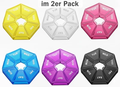 7 Tage Tablettenbox Fächer 2x Medikamentenbox Pillendose Pillenbox Rund Box Bunt - Bild 1 von 4