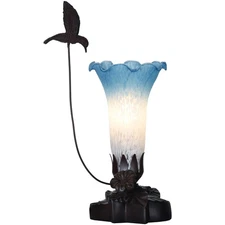 LL04 Hummingbird Flying Over Lily Flower Blown Glass Table Lamp for Home Deco...