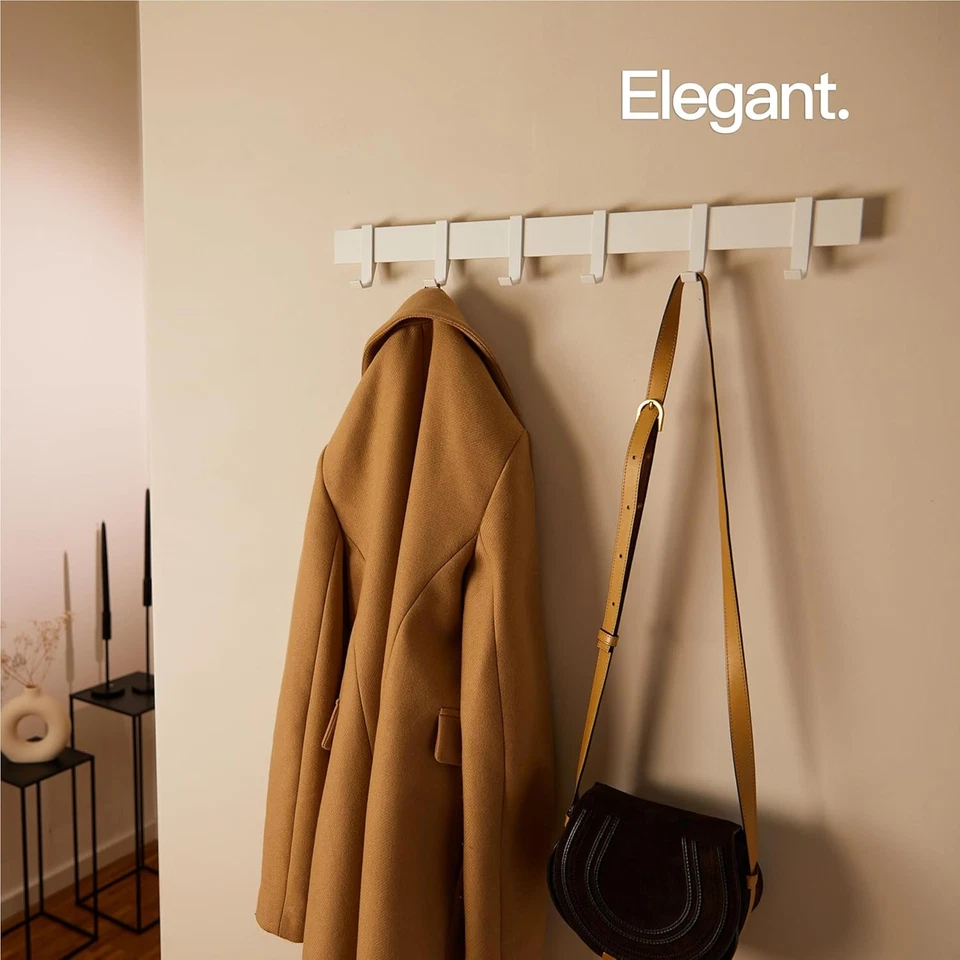 Modern Wall Coat Rack 58cm | White Metal Hanging Rail with 6 Sliding Hooks - Image 2 of 4