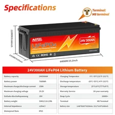 24V 300Ah LiFePO4 Lithium Battery 7.68KW 20000+ Deep Cycle 200A BMS RV Solar