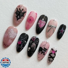 24Pcs Halloween Press on Nails Almond Medium Fake Nails Y2k Bat Cat Heart Sta