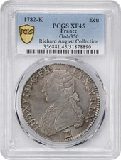 FRANCE KING LOUIS XVI  1782-K  1 ECU SILVER COIN, PCGS CERTIFIED XF45, BORDEAUX