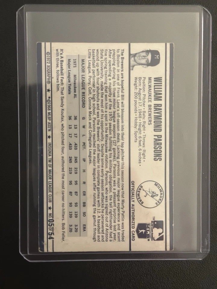 1972 Kellogg's Xograph Bill Parsons #5 Milwaukee Brewers Baseball Card - Image 2 of 2