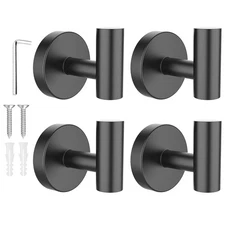 Towel Hooks for Wall 4 Pack, Stainless Steel Bathroom Shower Mount, Black