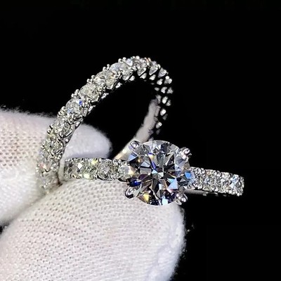 PASS TESTER Bridal Ring Certified Cut Moissanite 14K White Gold Plated Set 2.Ct