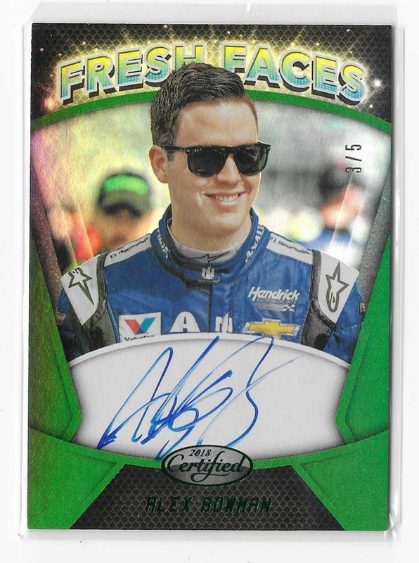 ALEX BOWMAN 2018 PANINI CERTIFIED FRESH FACES AUTOGRAPHED NASCAR CARD  GREEN 3/5