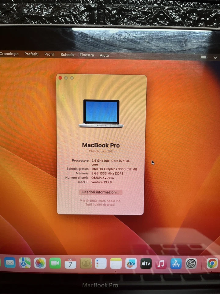 Apple MacBook Pro A1278 13p (Intel I5  8gb Ram Ssd 480gb) Mac Os Ventura - Imagen 3 de 4