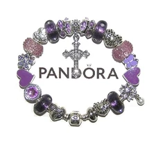 AUTHENTIC Pandora Silver Bracelet W/Love's Embrace Cross, Purple European Charms