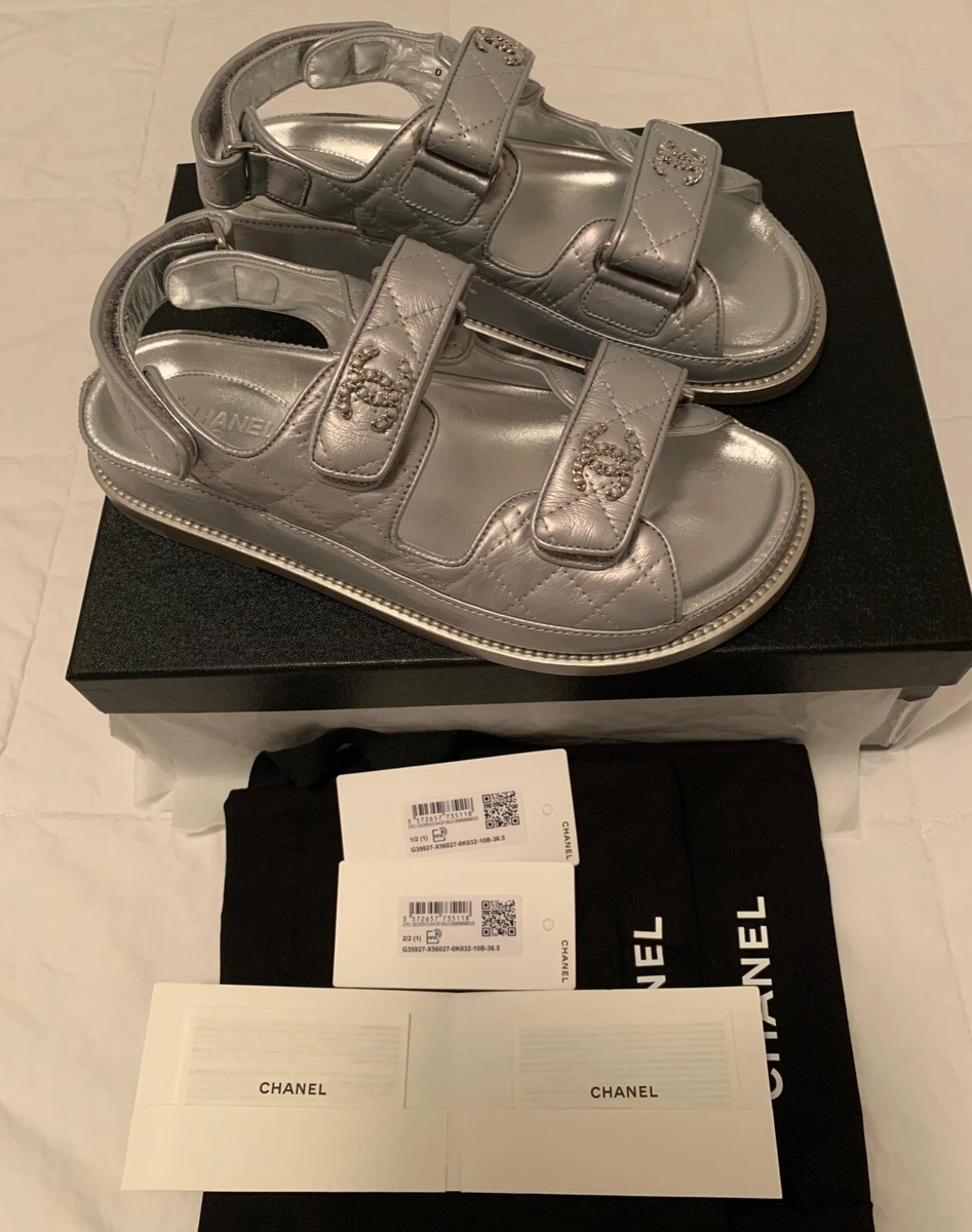 CHANEL CC VELCRO SILVER LEATHER DAD SANDALS 37.5