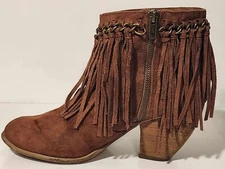 Not Rated Brown Leather Fringe Ankle Booties, Stacked Heel, side zip, size 8.5