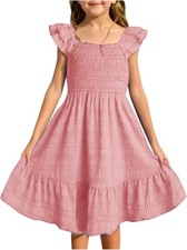 Girls Summer Dresses Cute Ruffle Sleeve Smocked Flowy Kids Spring Dress, 5Y