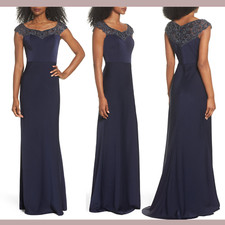 NWT 538 La Femme 8 Beaded Column Gown in Navy Blue S187