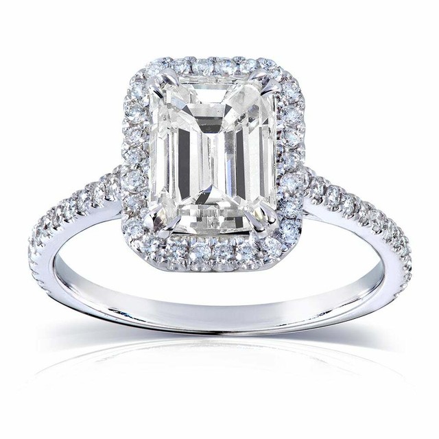 Emerald Cut Halo Engagement Ring With Wedding Band Images
