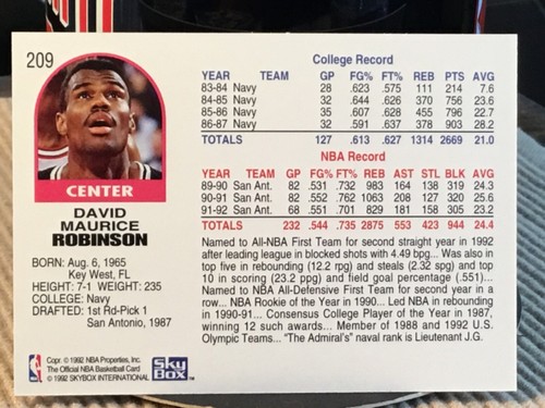 1992-93 Skybox NBA Hoops David Robinson#209 Free Shipping JamiesJocks ππ - Picture 2 of 2