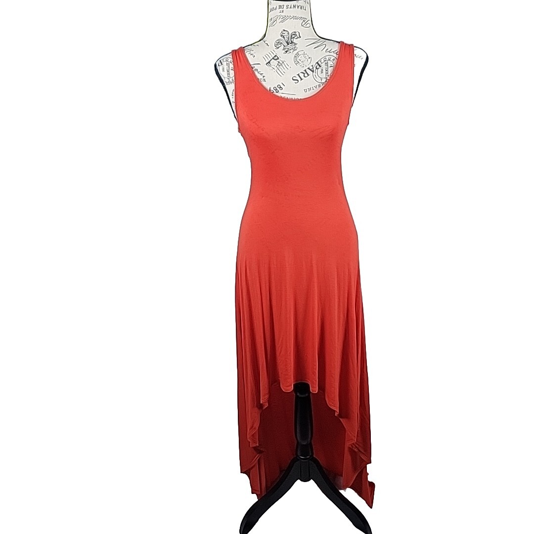 high low jersey dress Mono B S Woman's Orange Hi-Low Hem Long Train Cage-back Womens dresses