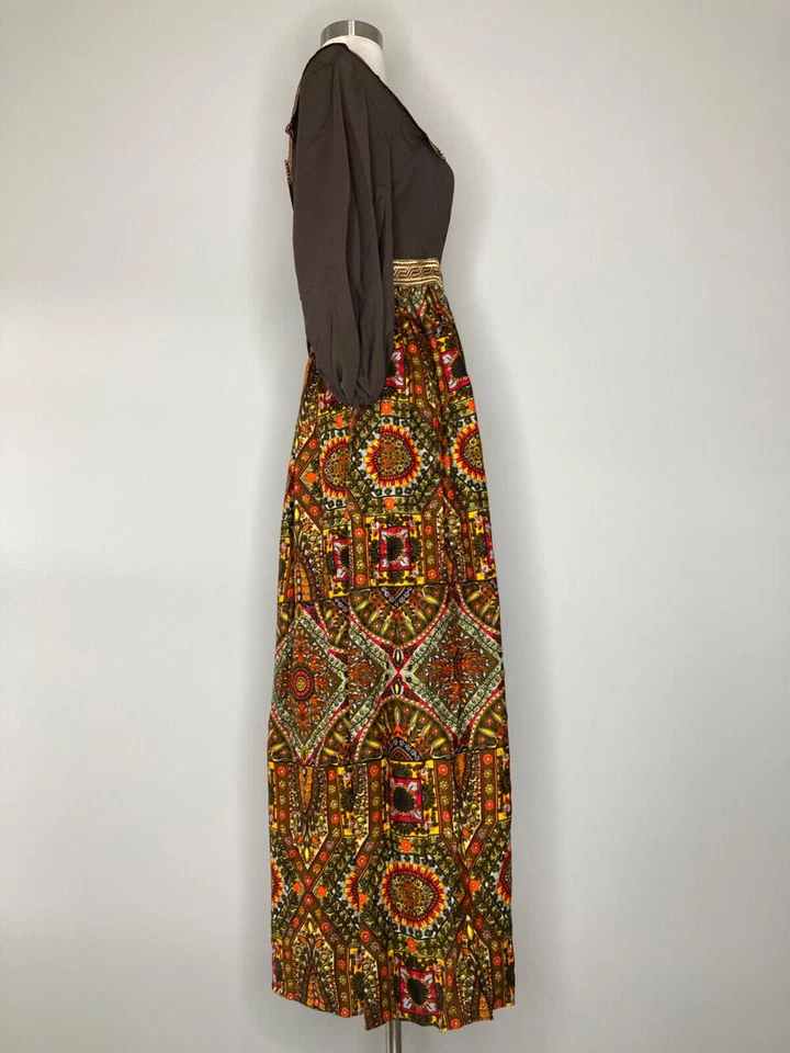 Vestido Vintage Lanzillotti para Bzzz-Bzzz Marrón Naranja Maxi Estampado Geométrico Años 70 Foto 4 de 4