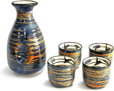 Sake Set Japanese Sake Cup Set Traditional Hand Painted Design Porcelain Pottery